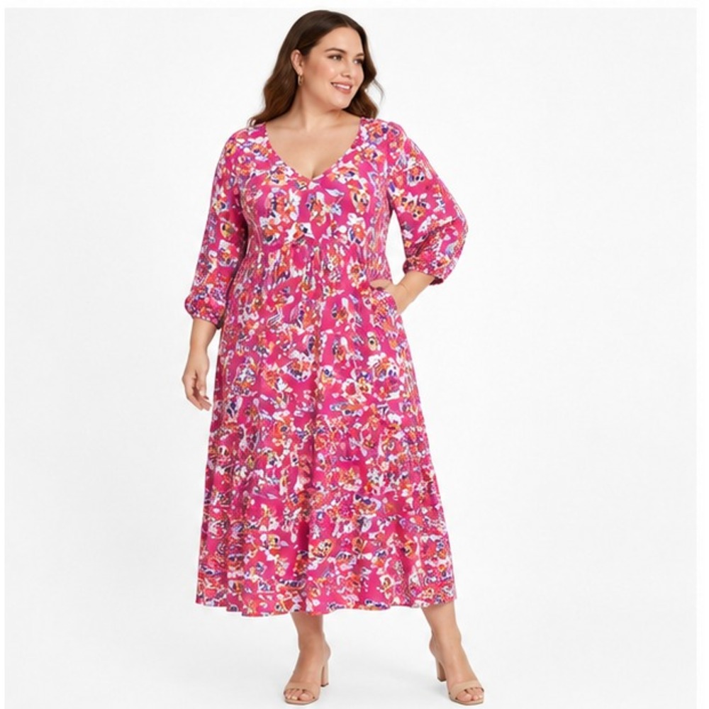 The Pioneer Woman Women Maxi Dress 3XL Pink Floral Tiered Rayon Boho Cottagecore